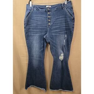 Mekool Distressed Flared‎ Leg Fray Bottom Button-Up High Rise Jeans Women's 3XL